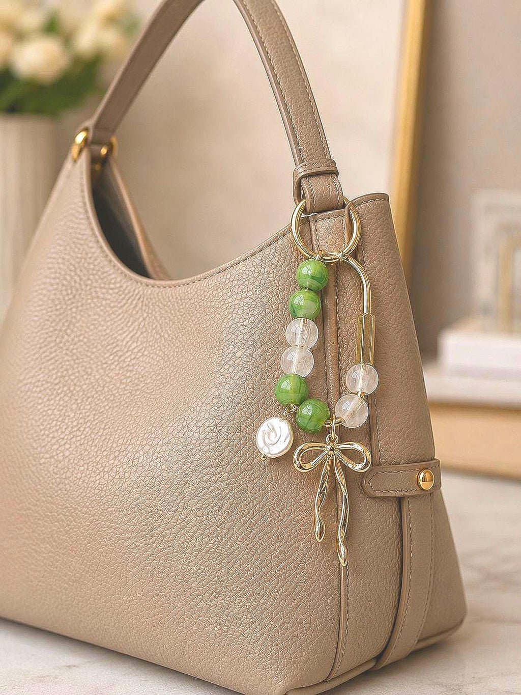 Golden Bow Carabiner Bag Charm – Green Beads, Pearl Accent, Lake Inspired