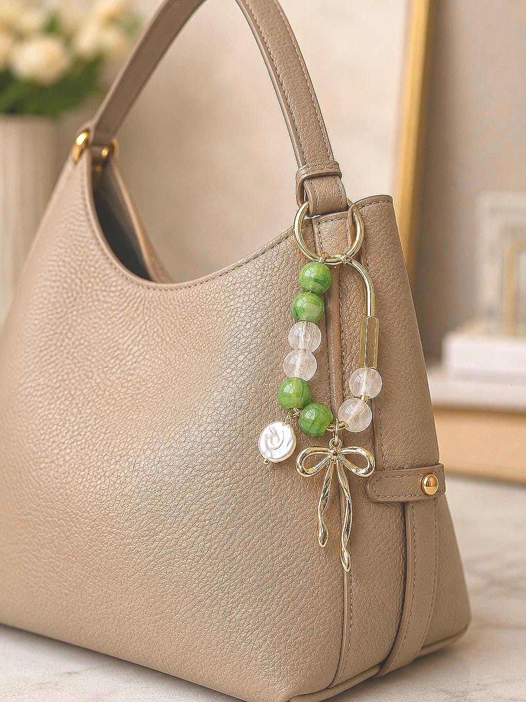 Golden Bow Carabiner Bag Charm – Green Beads, Pearl Accent, Lake Inspired
