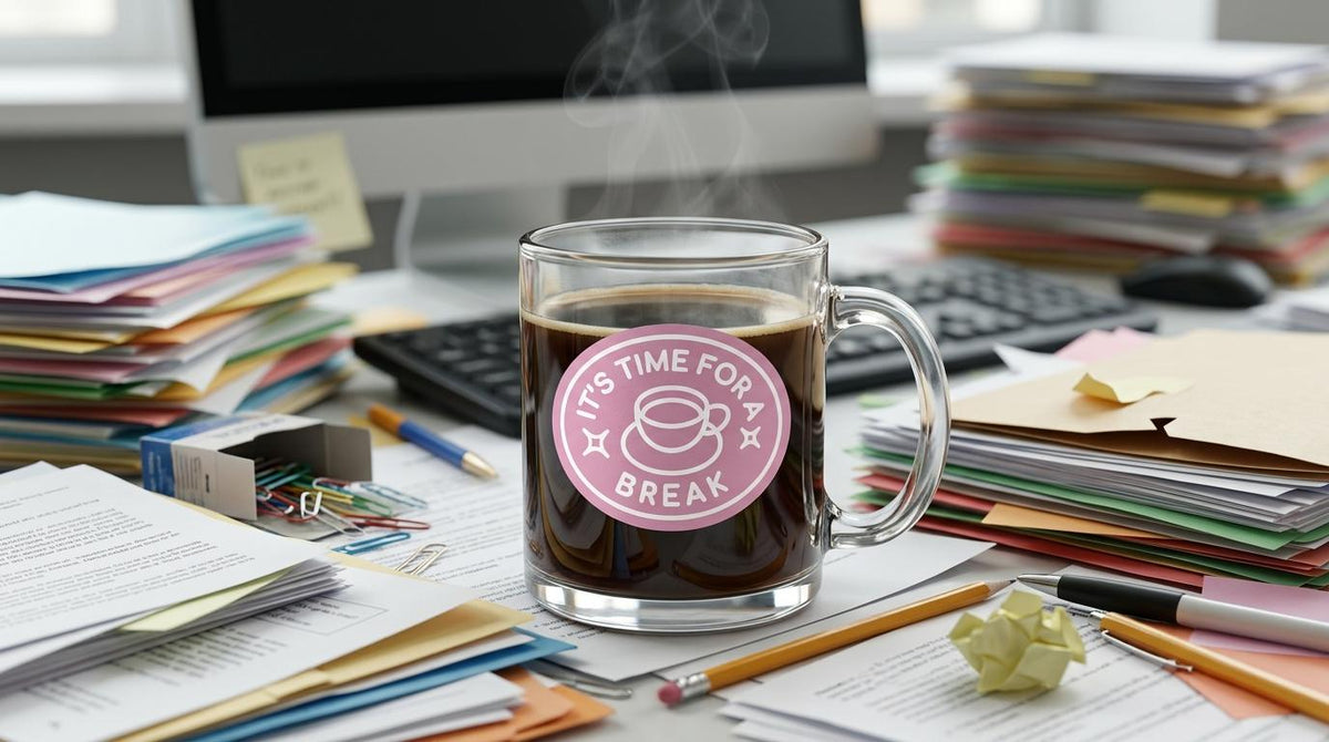 Time for a Coffee Break! 12 oz Clear Glass Mug - Lavender Graphics