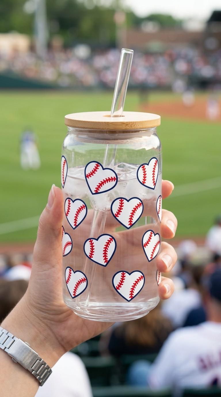 Baseball 16 oz Glass Tumbler with Bamboo Lid and Straw - Play Ball Gift - Sports