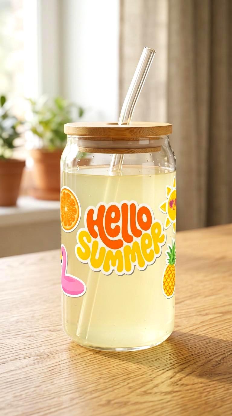 16 oz Glass Tumbler – Hello Summer Vibes, Bamboo Lid, Reusable Straw