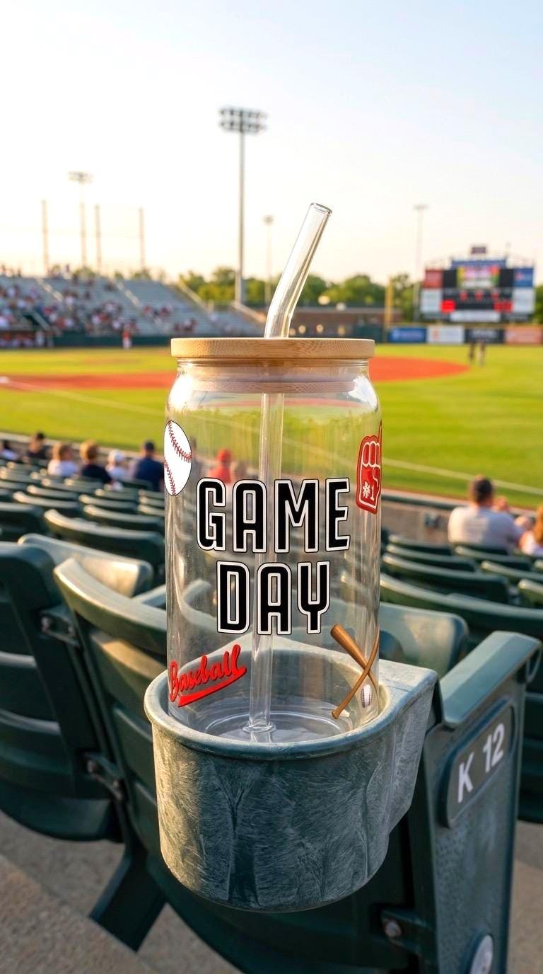 16 oz Glass Tumbler with Bamboo Lid and Straw - Baseball Gift - Game Day Sports