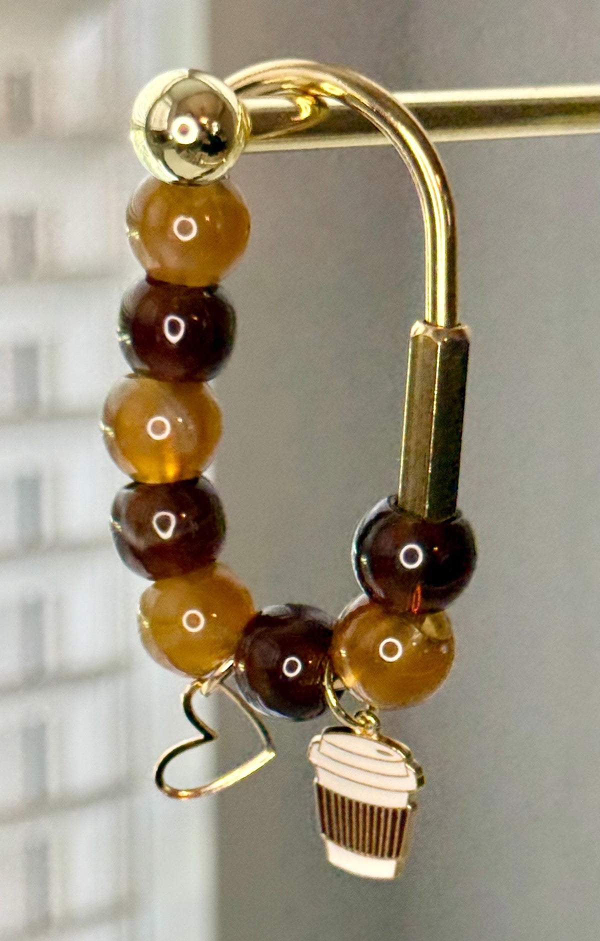 Golden Carabiner Bag Charm – Coffee Cup, Heart, Honey Beads