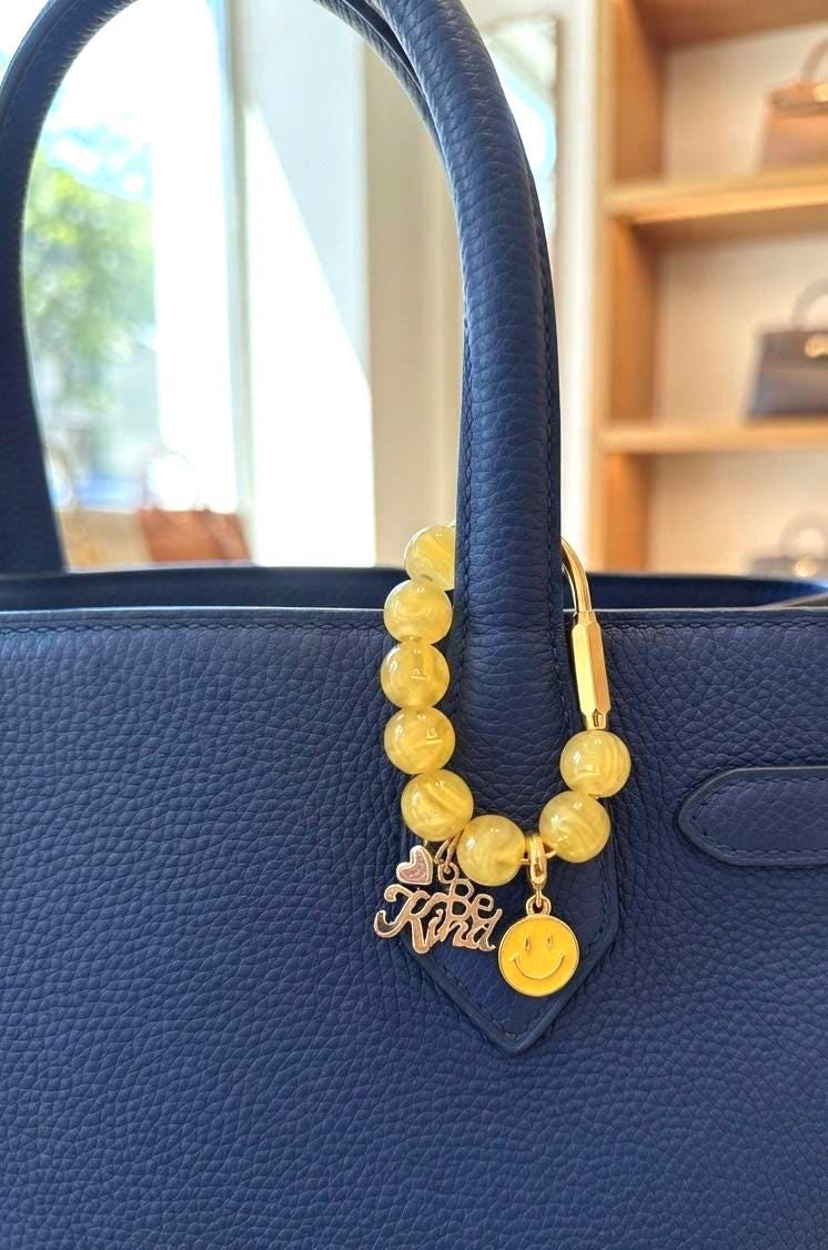 Golden Carabiner Bag Charm – Yellow Beaded, Smiley Face, "Be Kind" Message