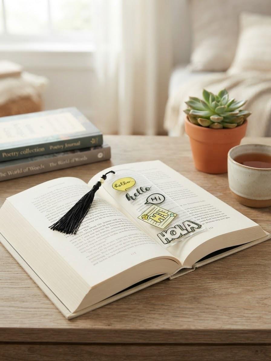 Acrylic Bookmark with UV DTF Design, Tassel & Beads - Hello