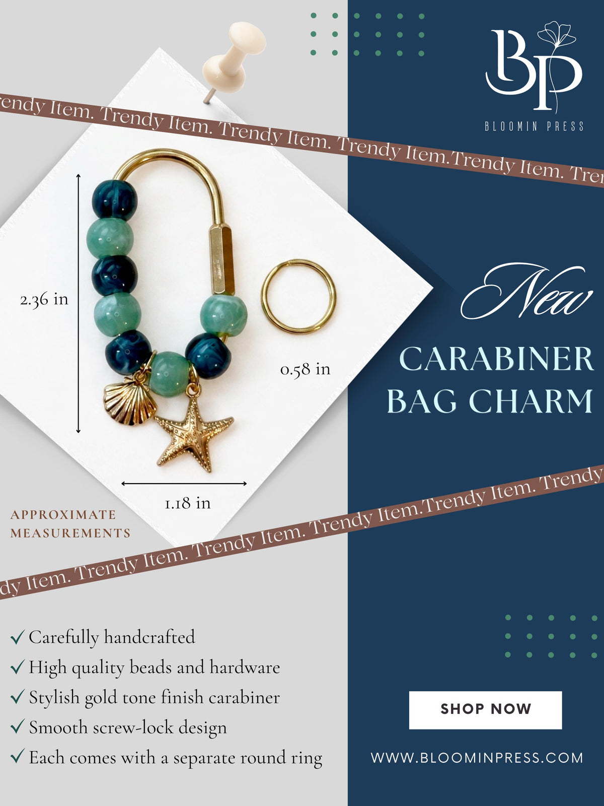 Golden Bow Carabiner Bag Charm – Green Beads, Pearl Accent, Lake Inspired