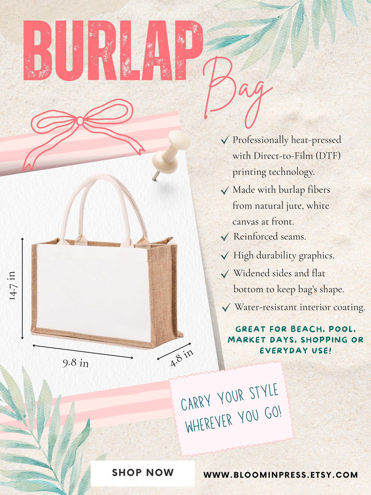 Farmers Market Burlap Tote, Water-resistant lined - Support the local market, reusable shopping bag