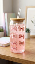 16 oz Glass Tumbler with Pink Bows, Bamboo Lid, and Straw – Coquette Summer Drinkware