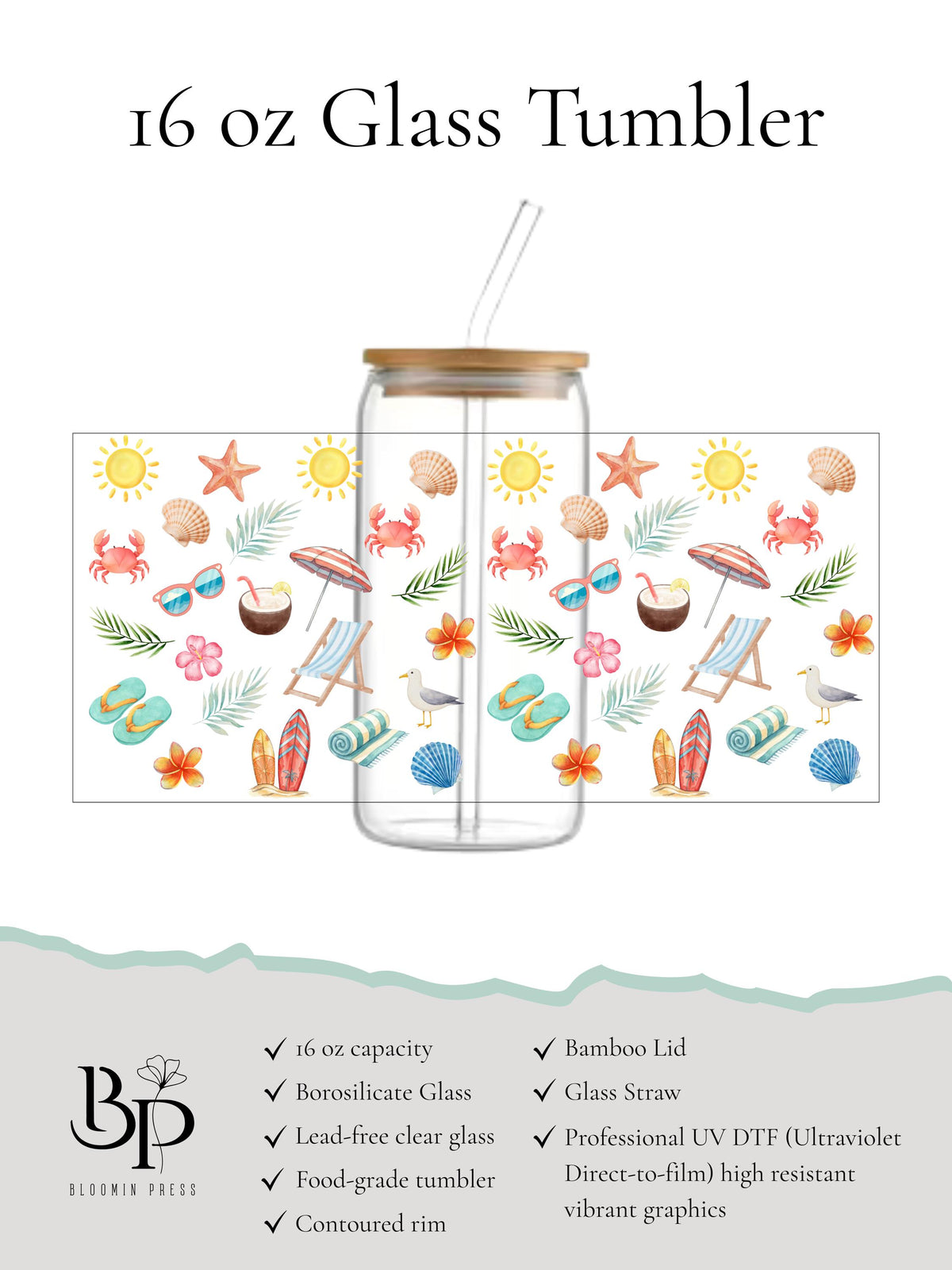 16 oz Glass Beach Vibes Tumbler with Bamboo Lid – Summer Coastal Drinkware