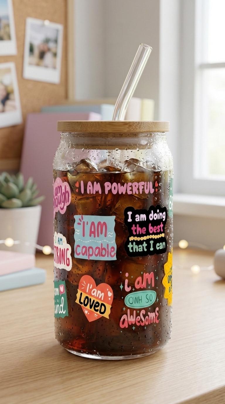 16 oz Glass Tumbler with Bamboo Lid and Straw - Self Care Gift - Empowerment