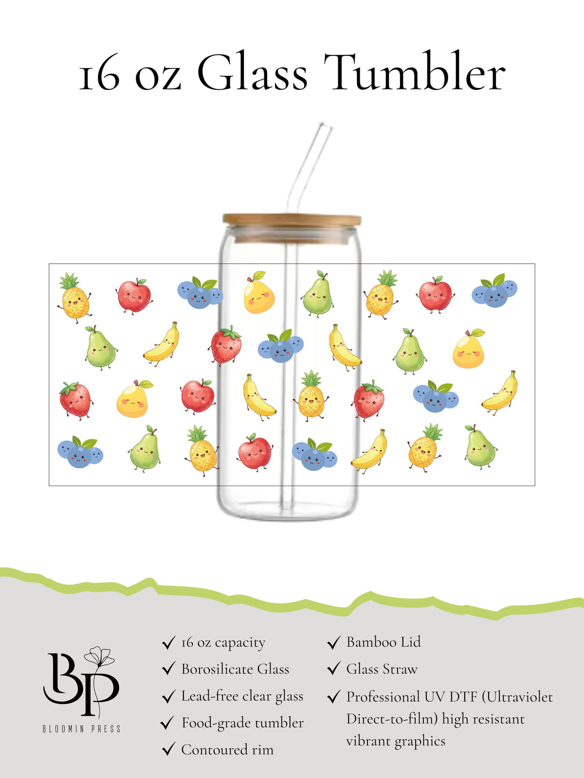 16 oz Glass Tumbler with Bamboo Lid and Straw – Summer Fruit Collection