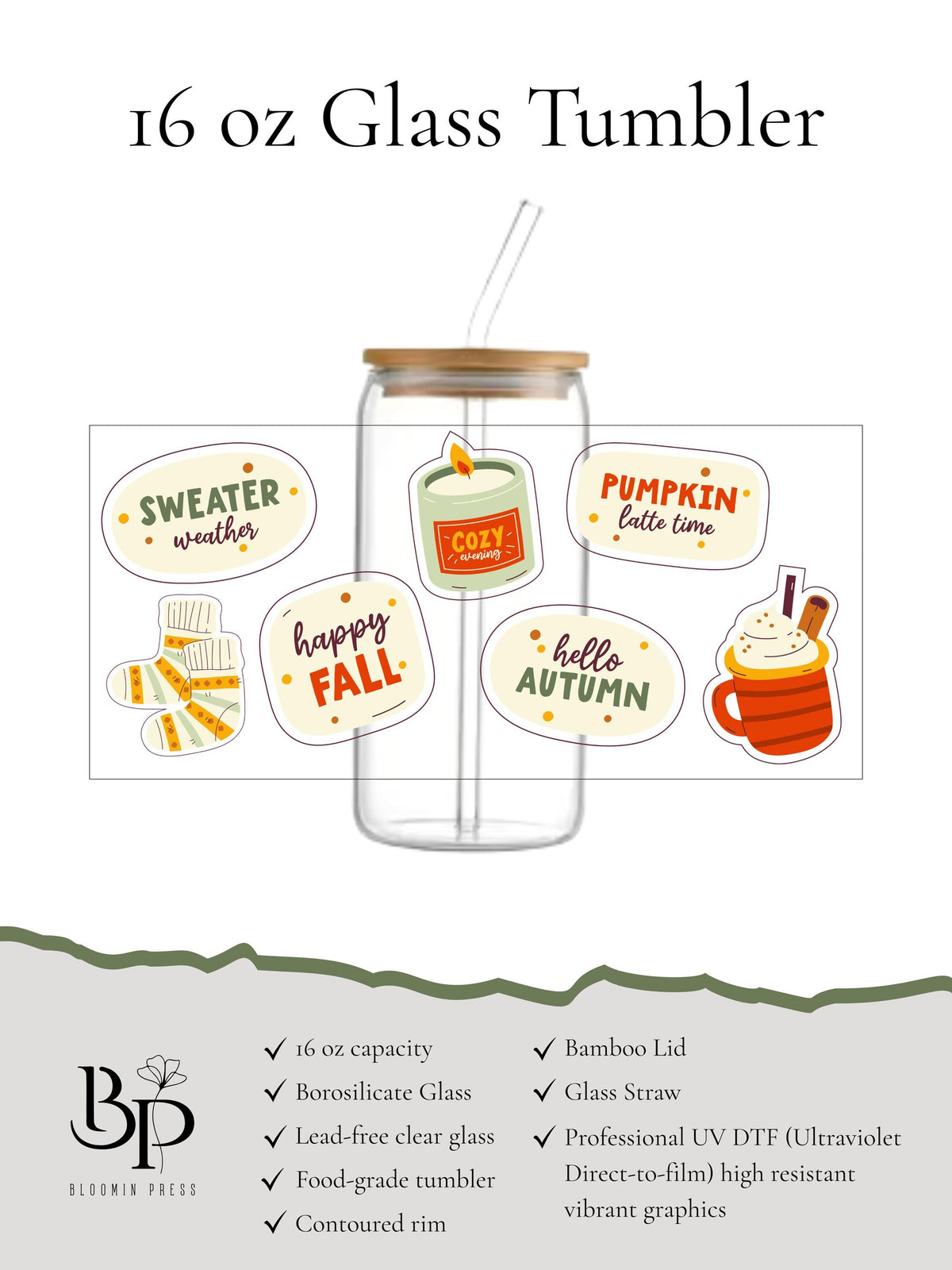 Sweater Weather 16 oz Glass Tumbler with Bamboo Lid and Straw - Cozy Fall Cup