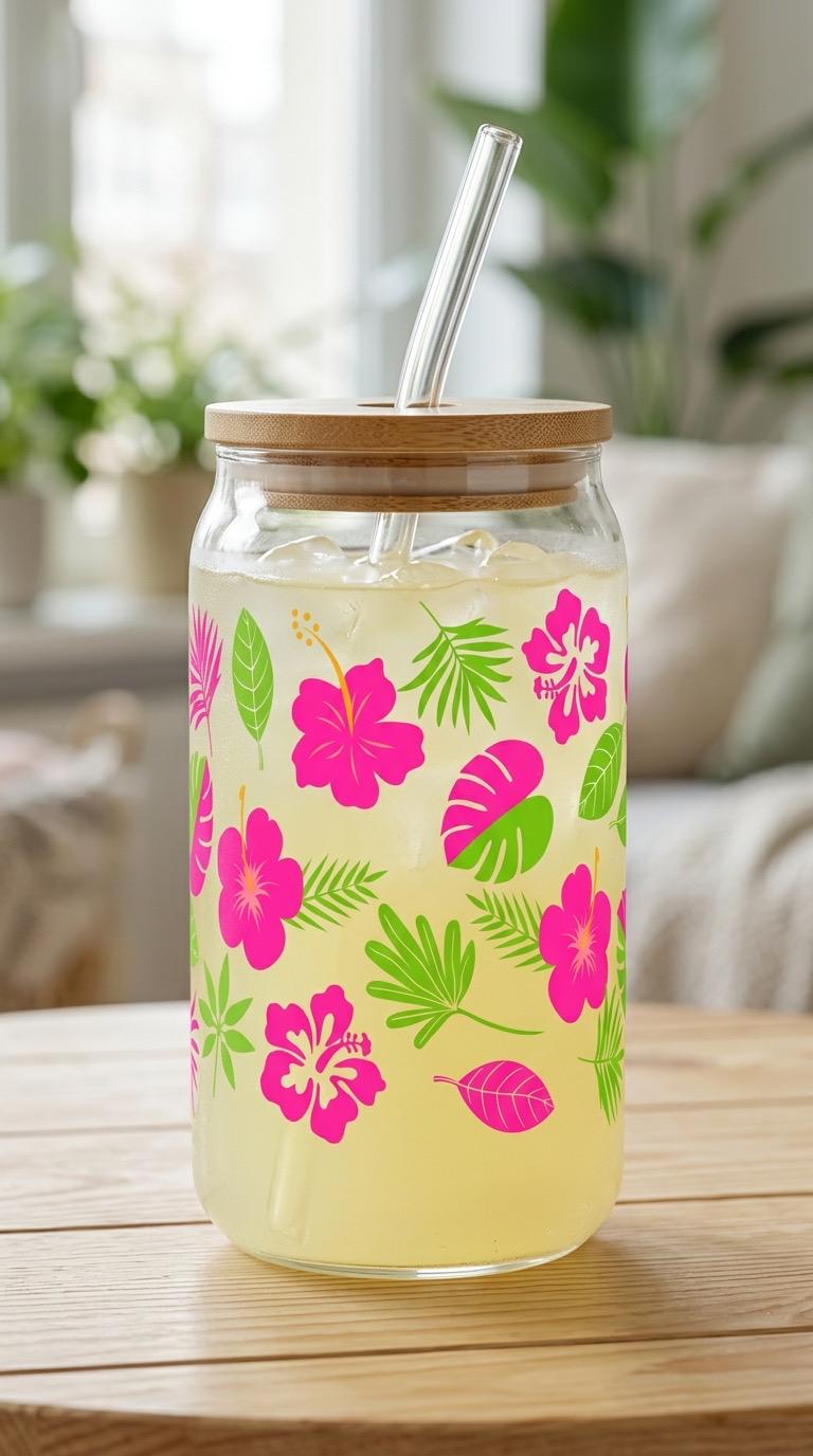 16 oz Tropical Glass Tumbler with Bamboo Lid and Straw – Coastal Chic Hibiscus Floral