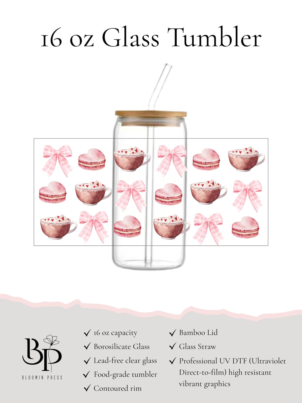 16 oz Glass Tumbler with Bamboo Lid – French Macarons, Coffee Cups, Pastel