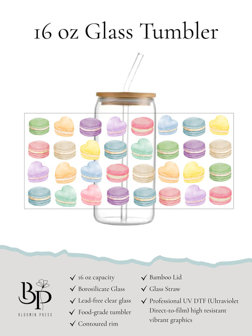 16 oz Glass Tumbler with Bamboo Lid and Straw - French Macaroons - Paris Inspired