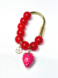 Golden Carabiner Bag Charm with Strawberry & Flower Charms – Red Beaded Keychain Accessories