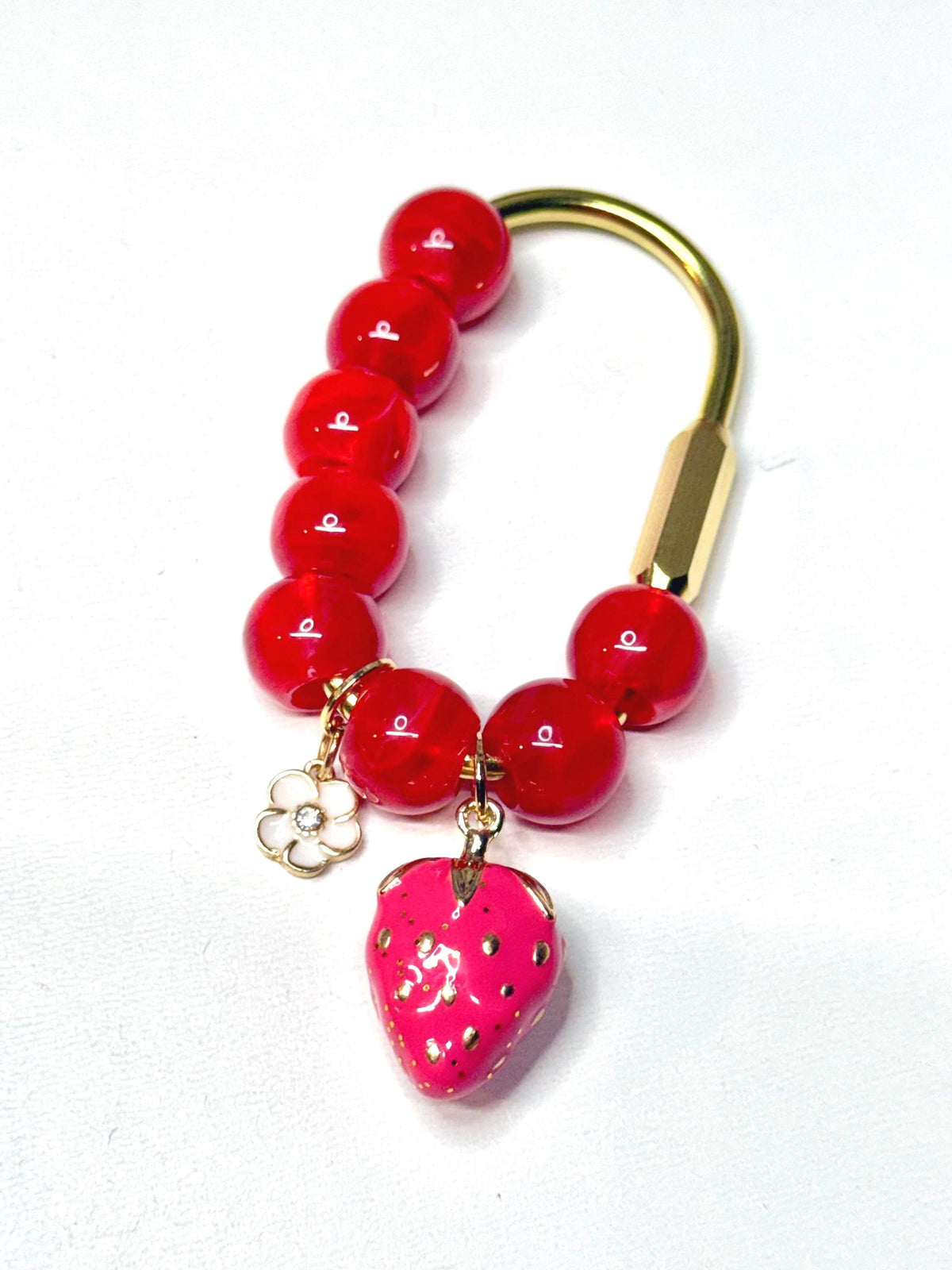 Golden Carabiner Bag Charm with Strawberry & Flower Charms – Red Beaded Keychain Accessories