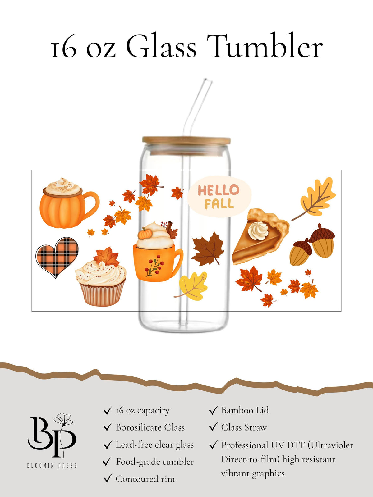 16 oz Glass Tumbler with Bamboo Lid and Straw - Cozy Fall - Gift for Friend