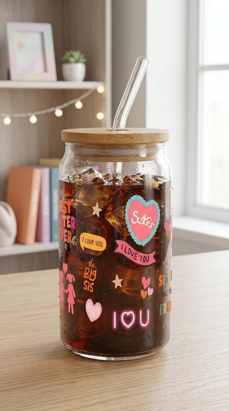 16 oz Glass Tumbler with Bamboo Lid and Straw - Gifts for Her - Sister Love