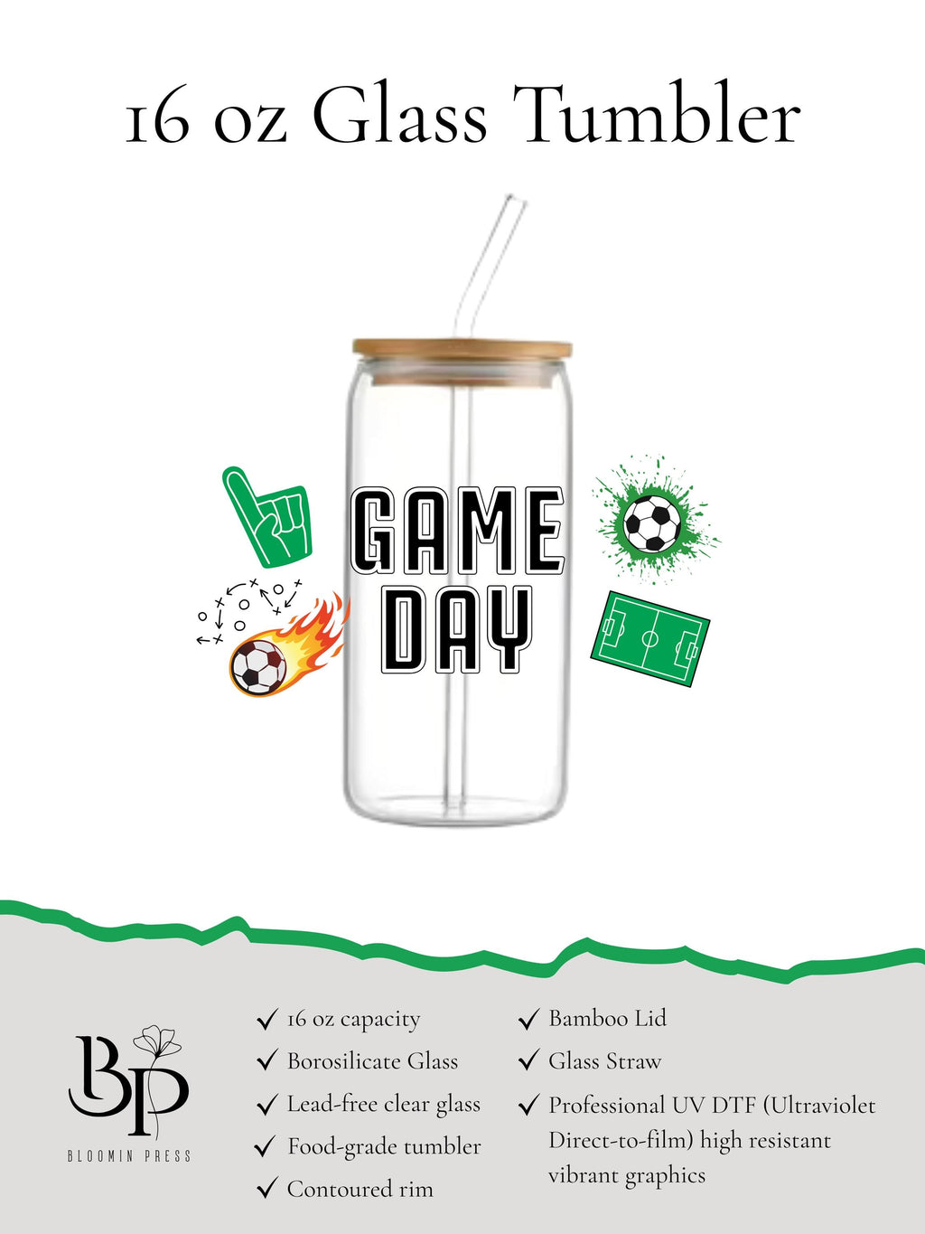 16 oz Glass Soccer Tumbler with Bamboo Lid and Straw – Game Day Sports Cup