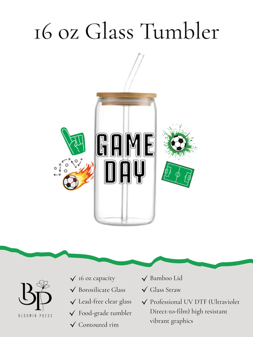 16 oz Glass Soccer Tumbler with Bamboo Lid and Straw – Game Day Sports Cup
