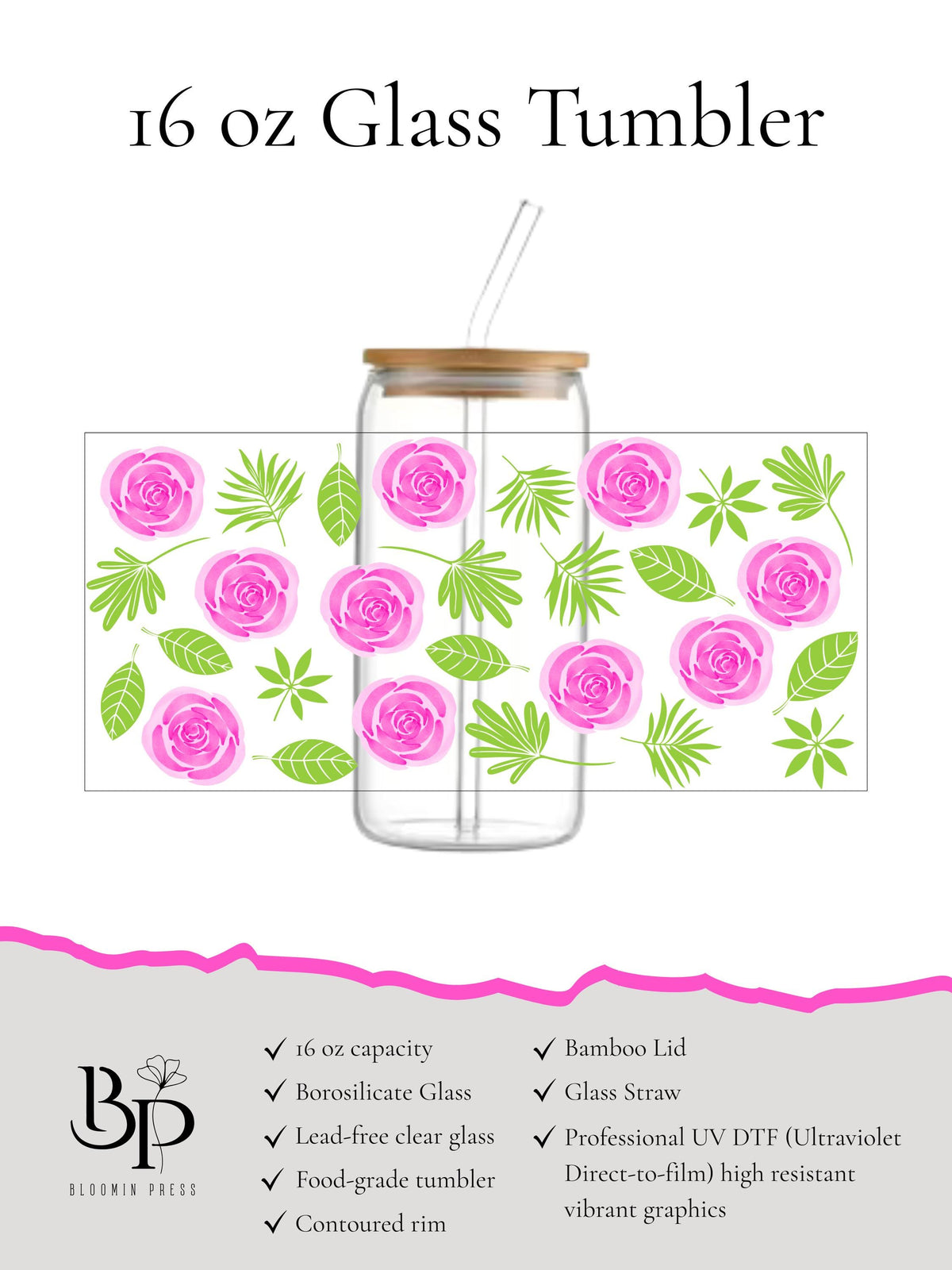 16 oz Tropical Floral Glass Tumbler with Bamboo Lid and Straw – Resort Style Drinkware