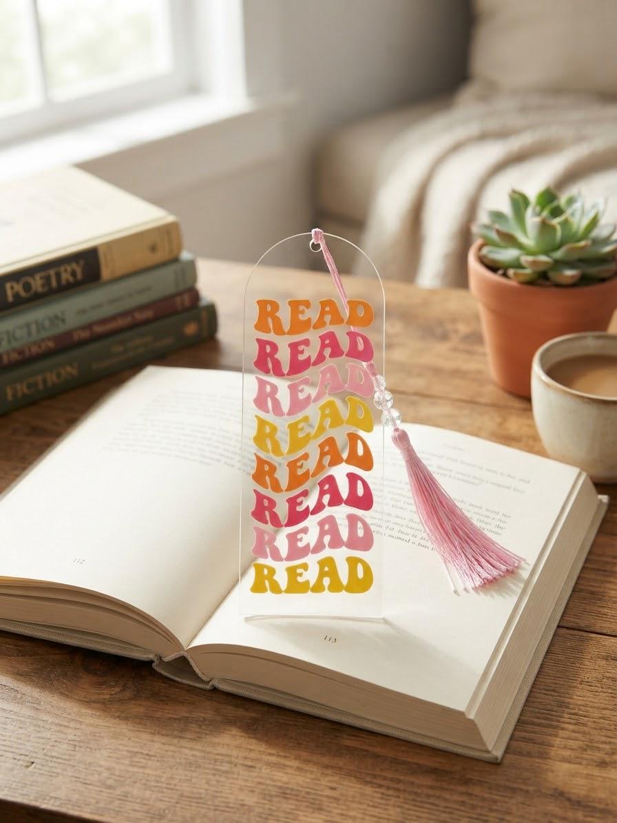 Read - Acrylic Bookmark with UV DTF Design, Tassel & Beads