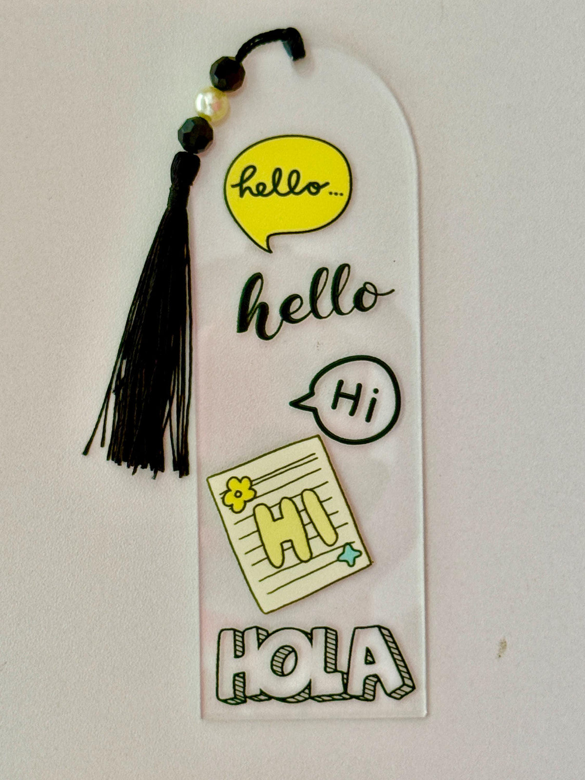 Acrylic Bookmark with UV DTF Design, Tassel & Beads - Hello