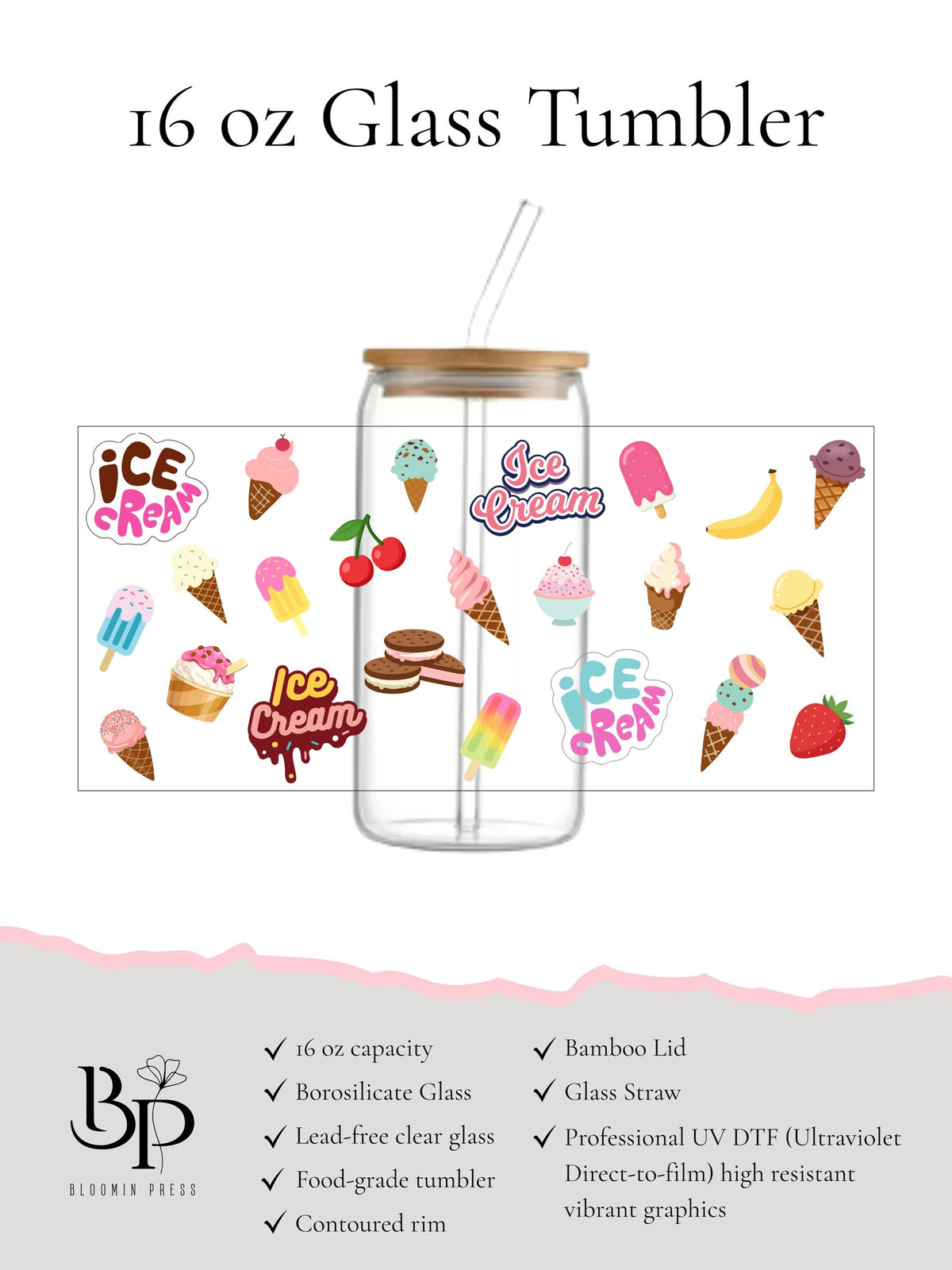 16 oz Ice Cream Print Glass Tumbler with Bamboo Lid & Straw