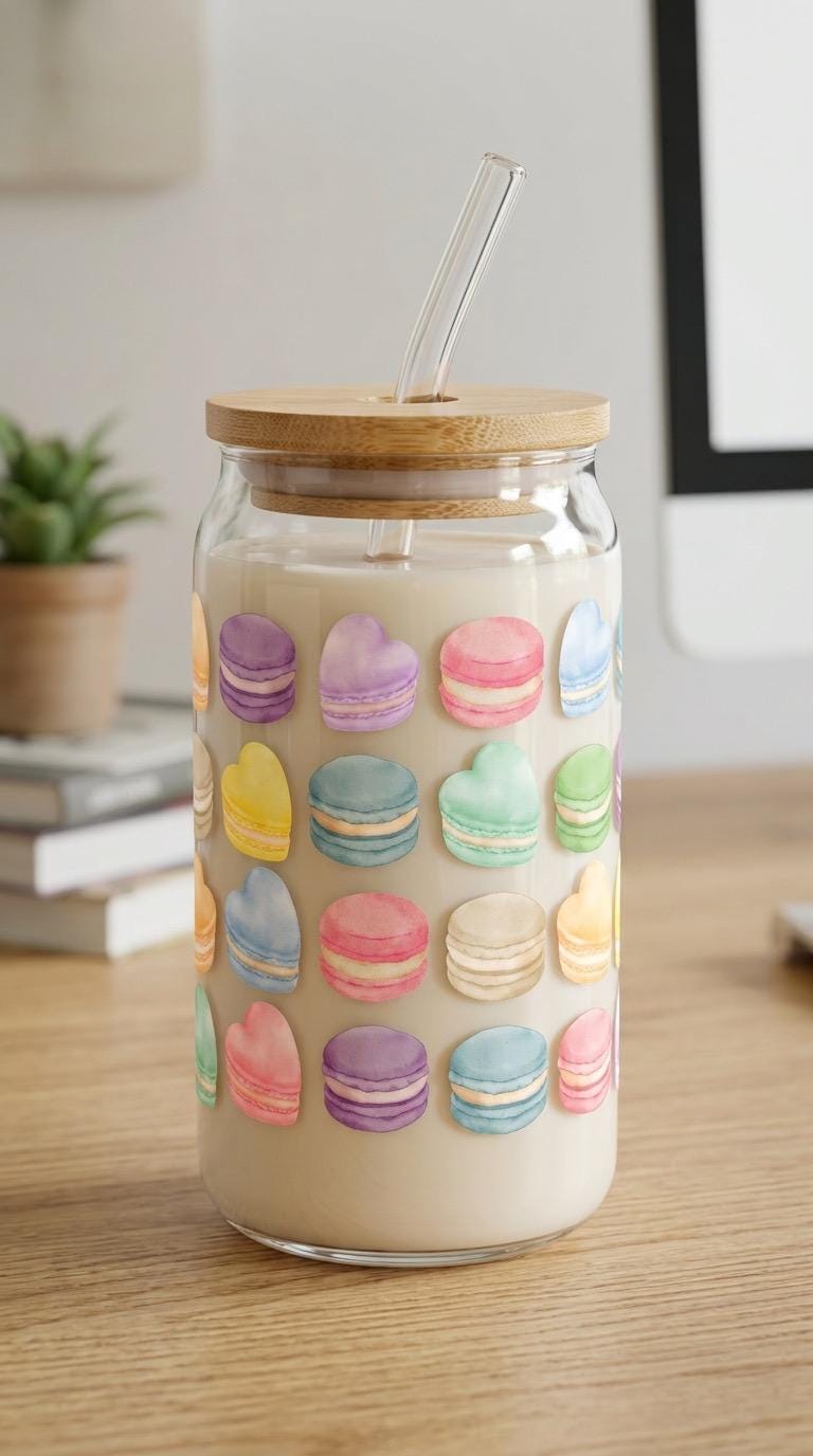 16 oz Glass Tumbler with Bamboo Lid and Straw - French Macaroons - Paris Inspired