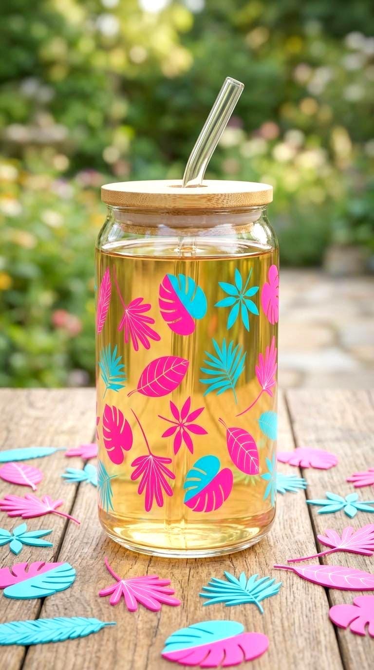 16 oz Tropical Glass Tumbler – Bamboo Lid, Reusable Straw, Coastal Chic Drinkware
