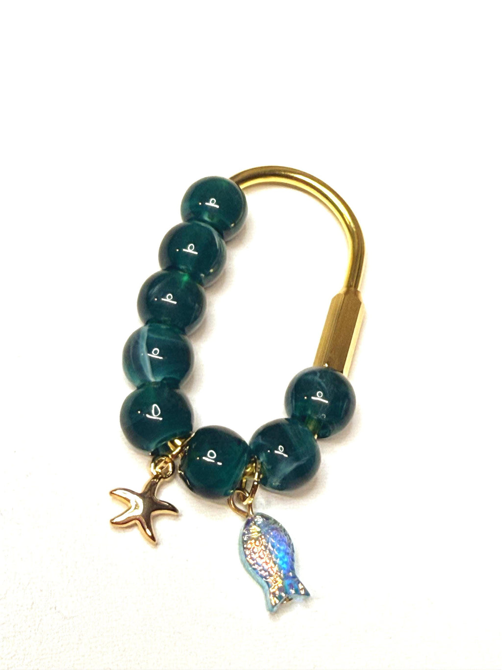 Golden Carabiner Bag Charm – Teal Beads, Starfish, Fish Charms – Ocean Collection