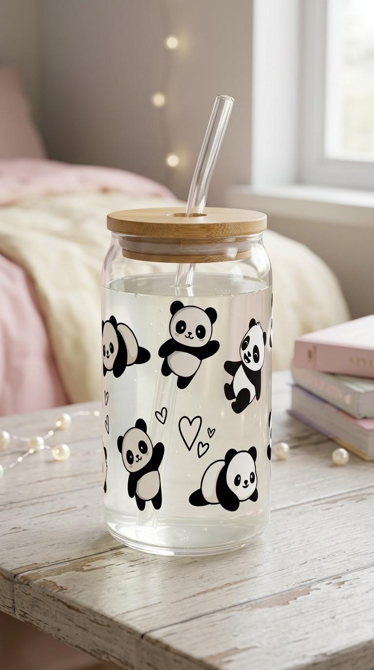 16 oz Glass Tumbler with Bamboo Lid and Straw - Animal lover - Pandas
