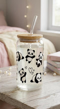 16 oz Glass Tumbler with Bamboo Lid and Straw - Animal lover - Pandas