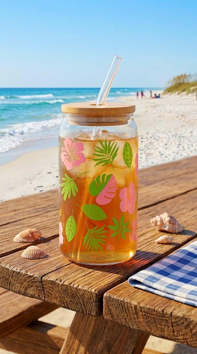 16 oz Tropical Glass Tumbler with Bamboo Lid and Straw – Coastal Chic Drinkware