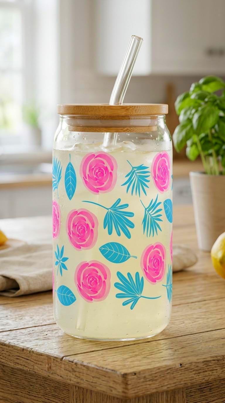 16 oz Tropical Floral Glass Tumbler with Bamboo Lid and Straw