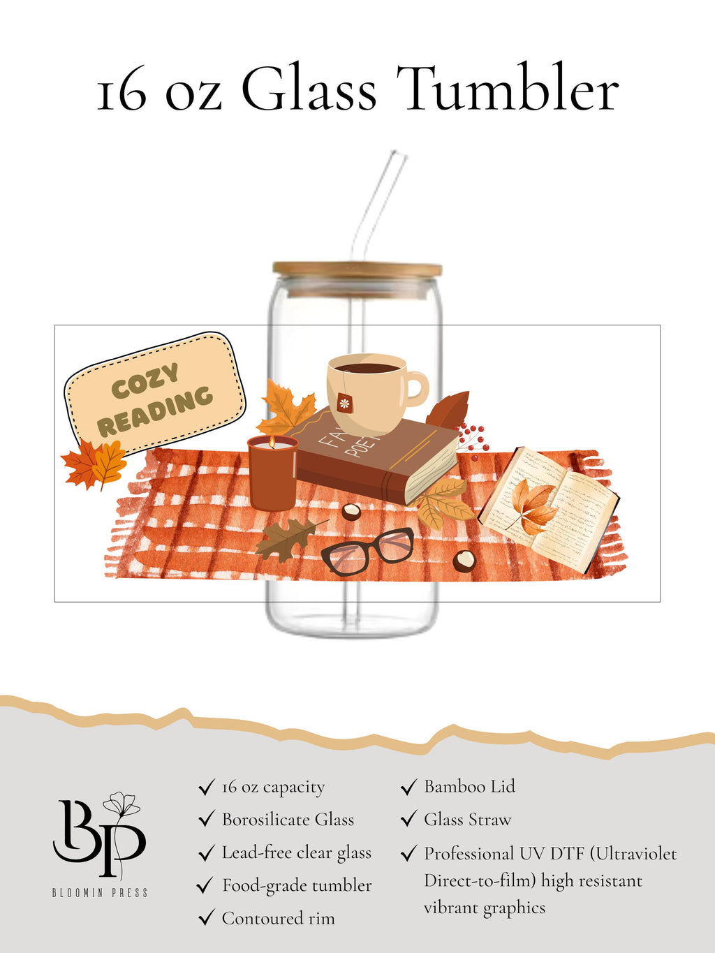 Autumn 16 oz Glass Tumbler with Bamboo Lid and Straw - Cozy Fall Reading
