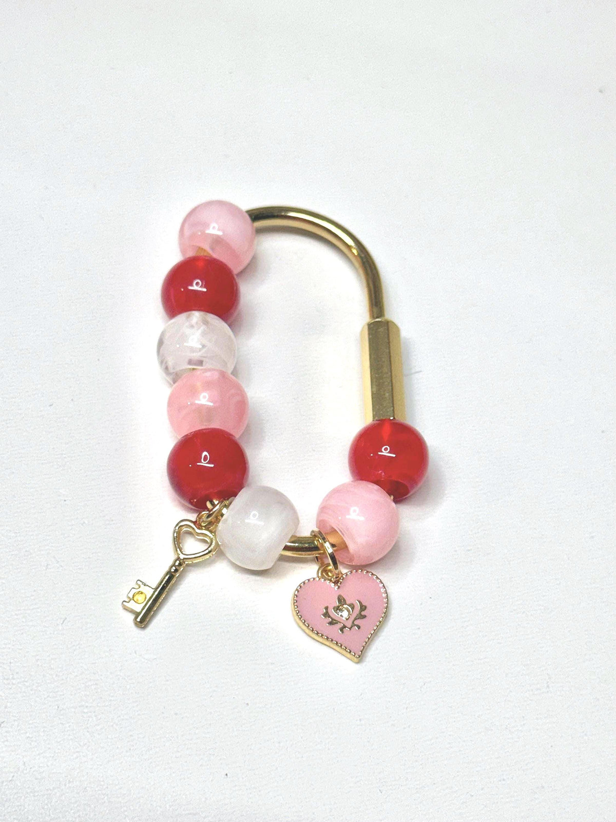 Golden Carabiner Bag Charm – Red Pink White Beads, Heart Key Charms