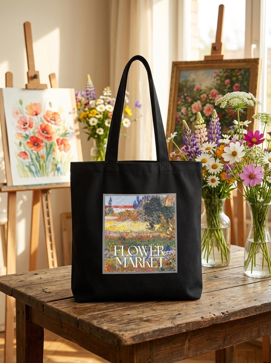 Black Canvas Bag - Summer Tote - Flower art print - Gifts for her