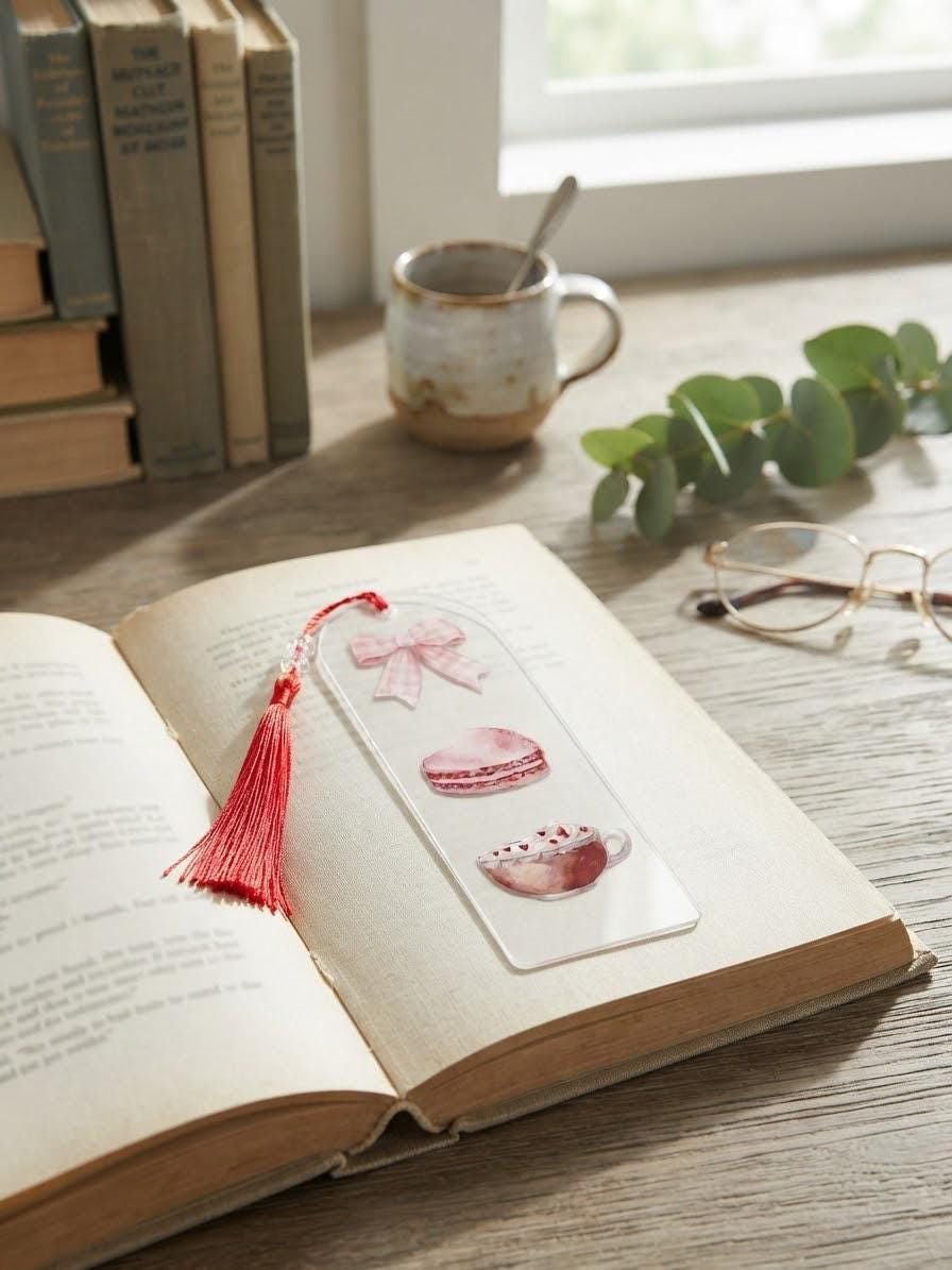 Coquette Acrylic Bookmark with UV DTF Design, Tassel & Beads - French Macaroons Design