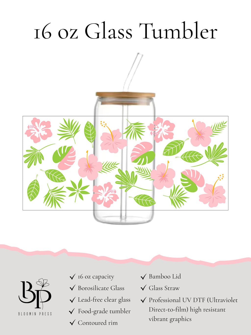 16 oz Tropical Glass Tumbler with Bamboo Lid and Straw – Coastal Chic Drinkware