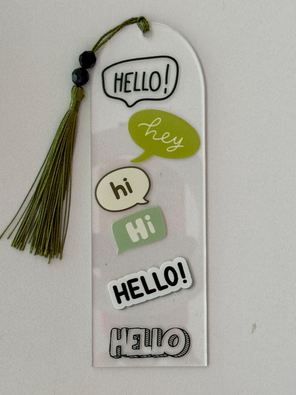 Acrylic Bookmark with UV DTF Design, Tassel & Beads - Hello