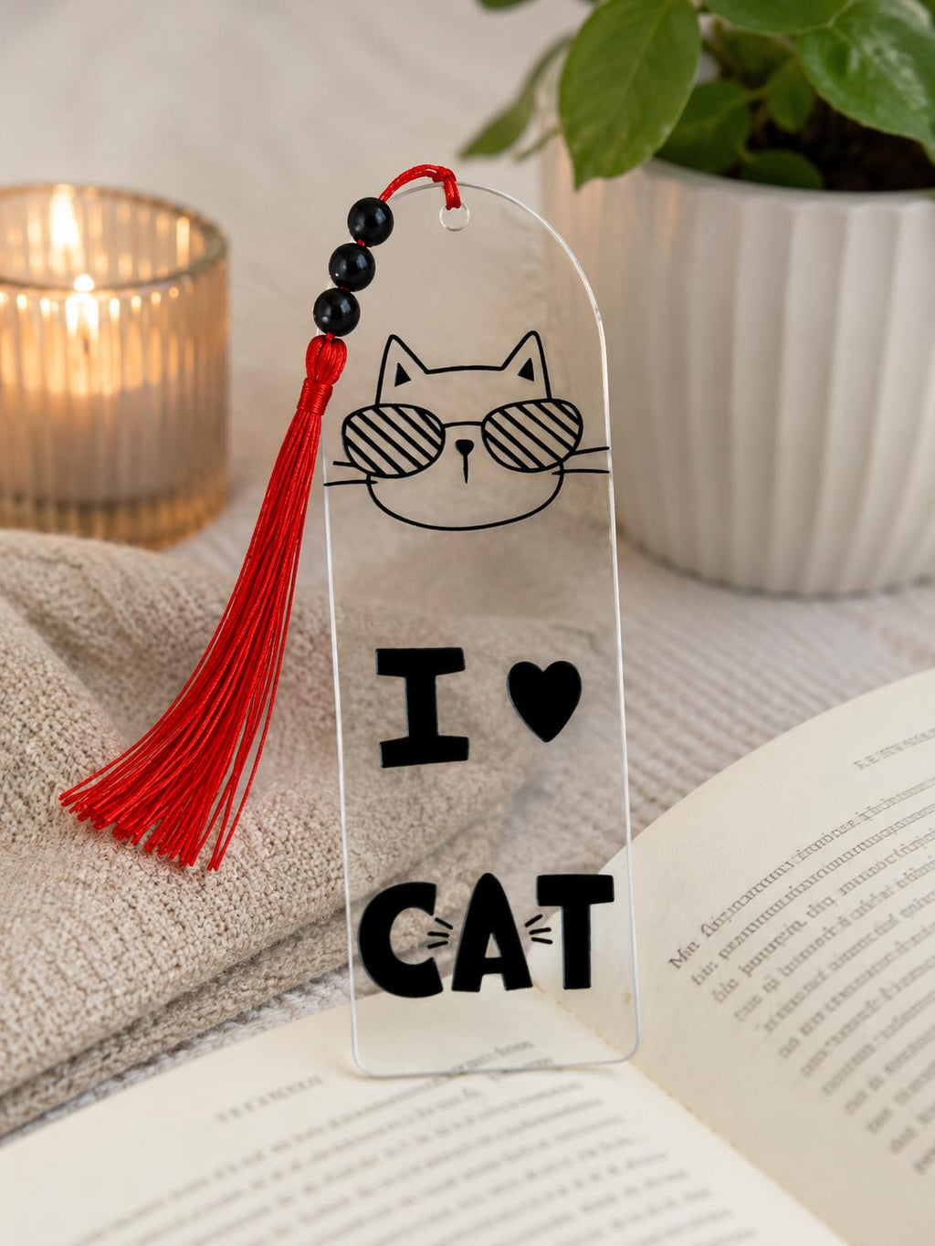 Cat lover - Acrylic Bookmark with UV DTF Design, Tassel & Beads