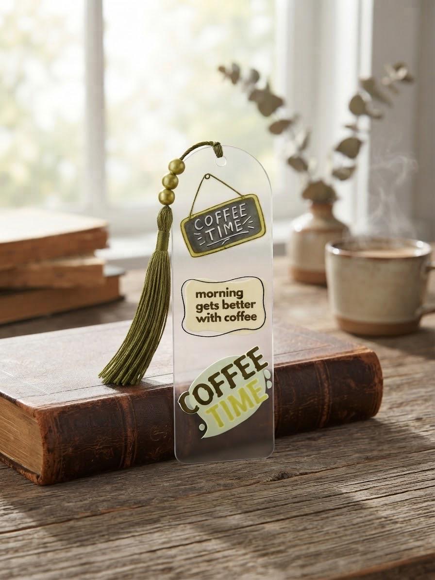 Coffee Time - Acrylic Bookmark with UV DTF Design, Tassel & Beads, Gift for Coffee Lovers