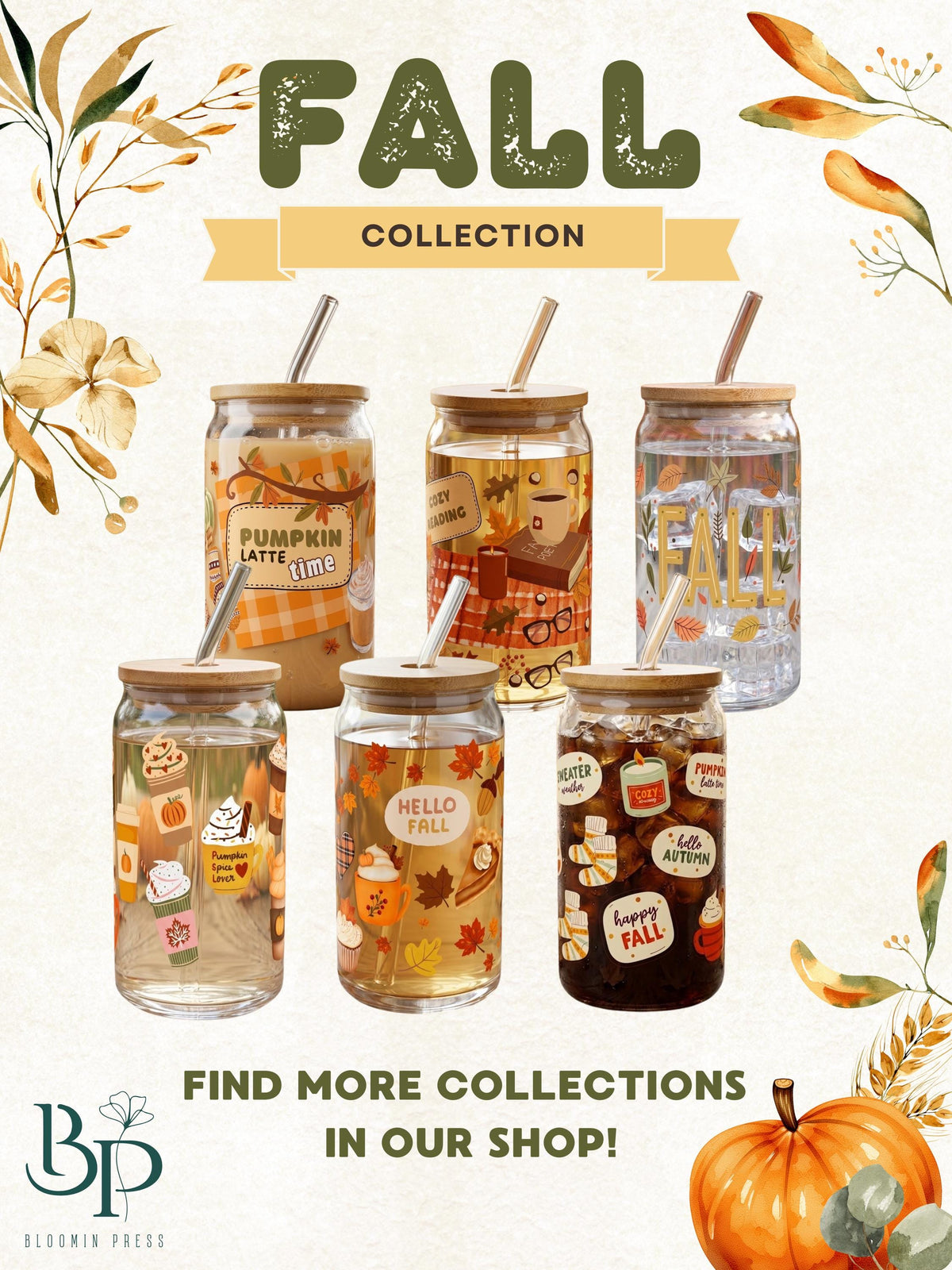 Autumn drinks 16 oz Glass Tumbler with Bamboo Lid and Straw - Cozy Fall Beverages