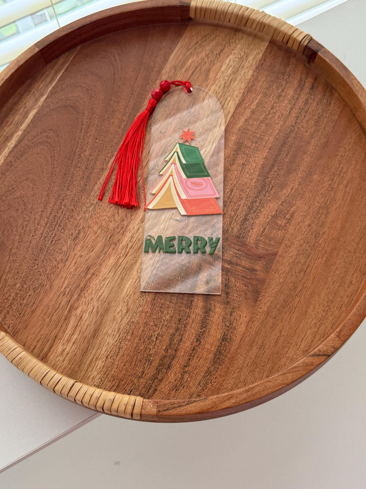 Books Christmas Tree Acrylic Bookmark with UV DTF Design, Tassel & Beads