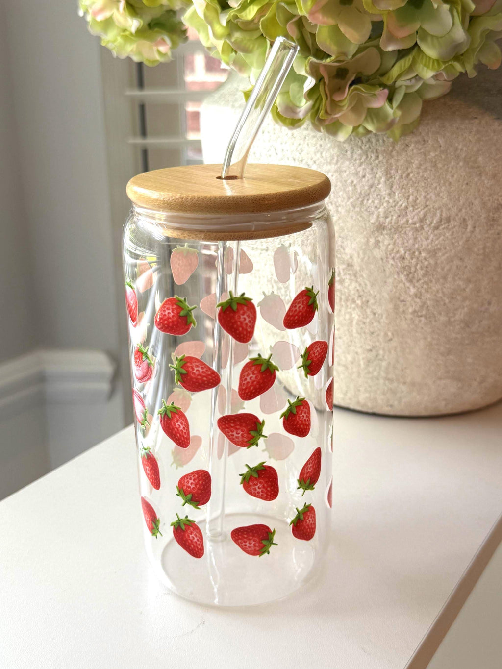 16 oz Strawberry Glass Tumbler with Bamboo Lid and Straw – Summer Fruit Drinkware