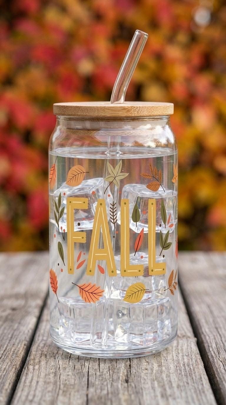 Fall Leaves 16 oz Glass Tumbler with Bamboo Lid and Straw - Cozy Fall Cup
