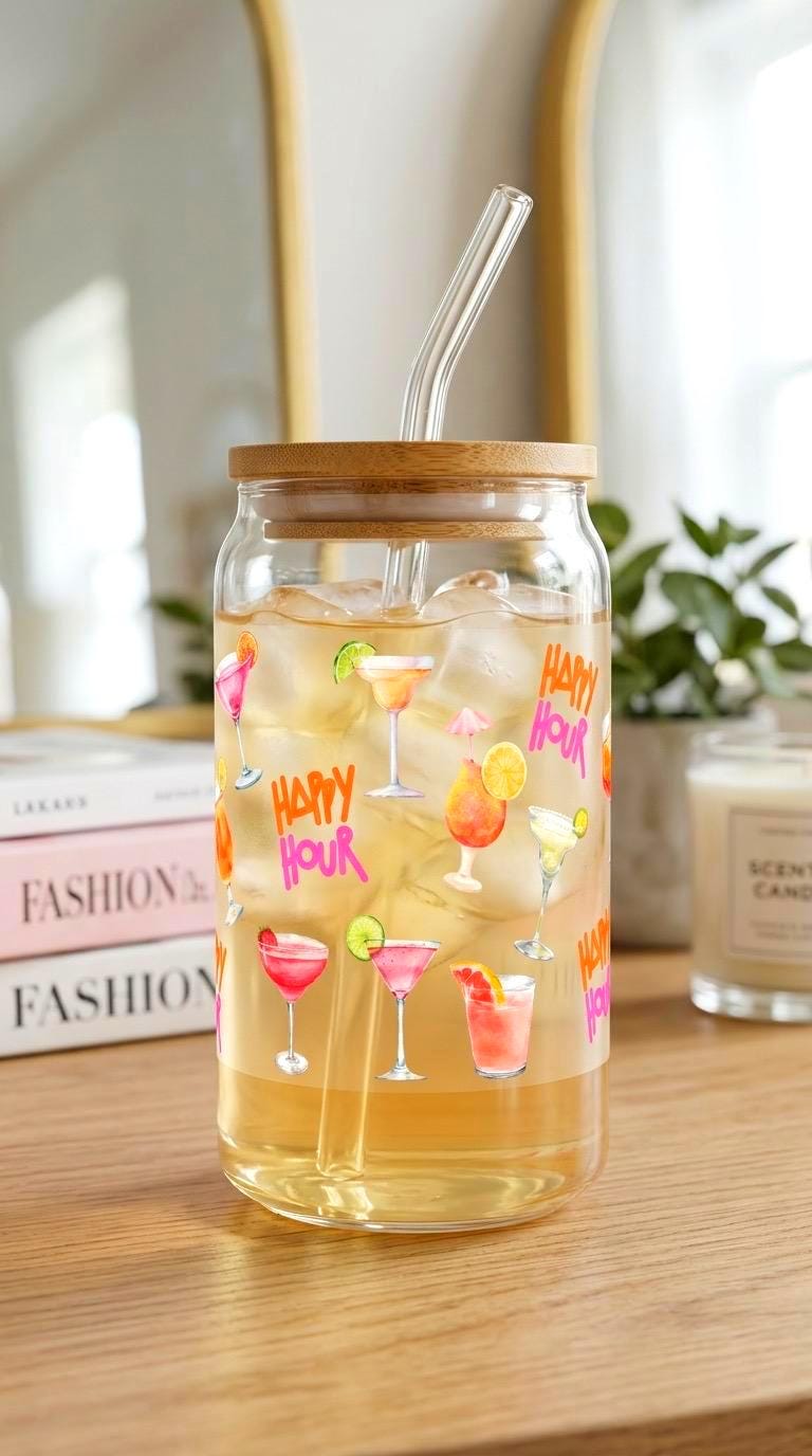 16 oz Glass Tumbler with Bamboo Lid and Straw - Happy Hour - Drinks - Bar Glassware