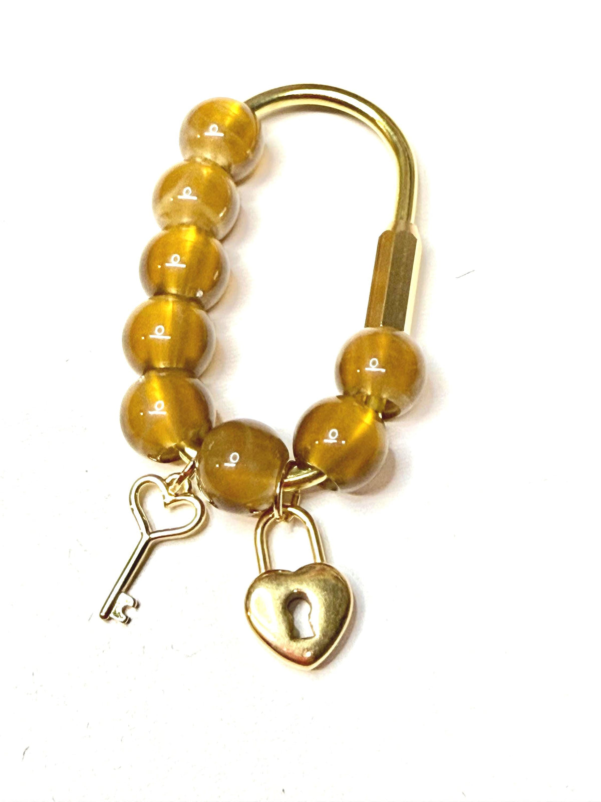 Golden Carabiner Bag Charm – Honey Beads, Heart Lock, Key Accent